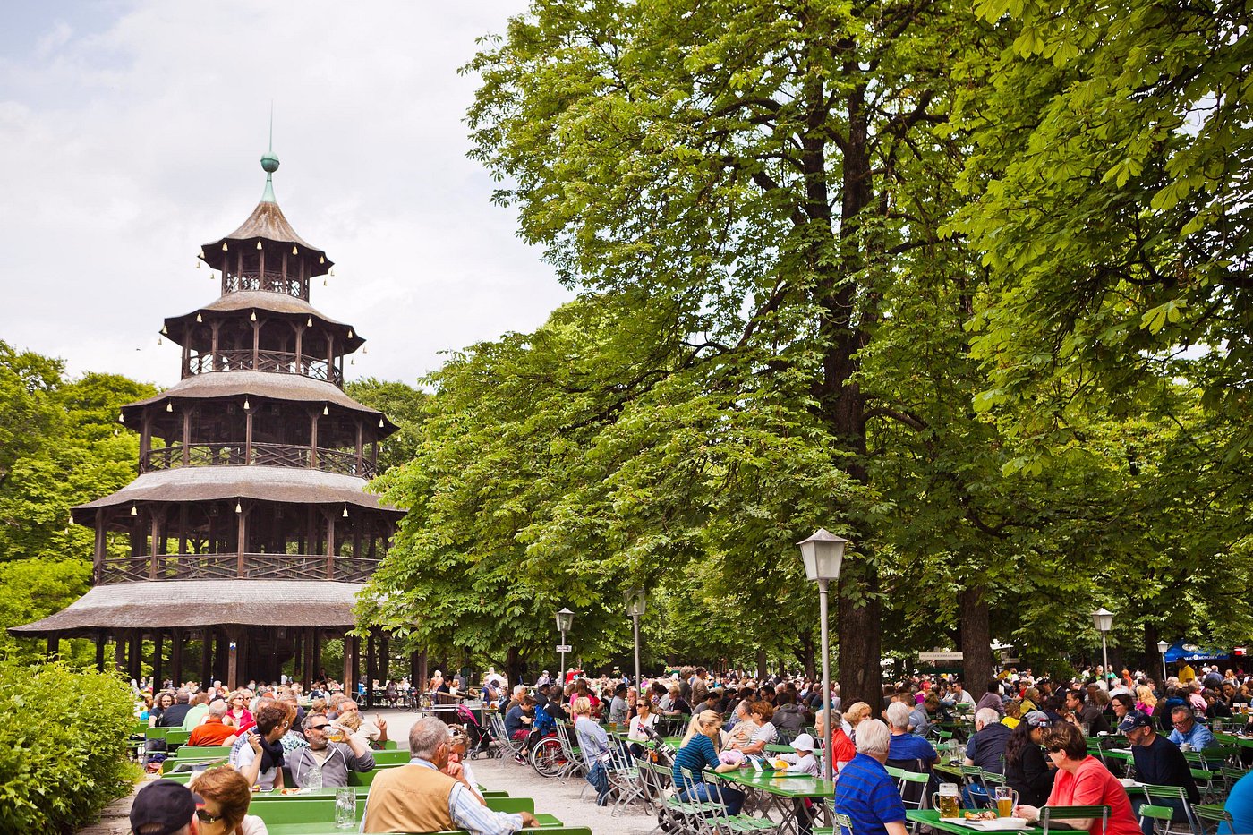 A bustling crowd at the Chinesischer Turm in Munich