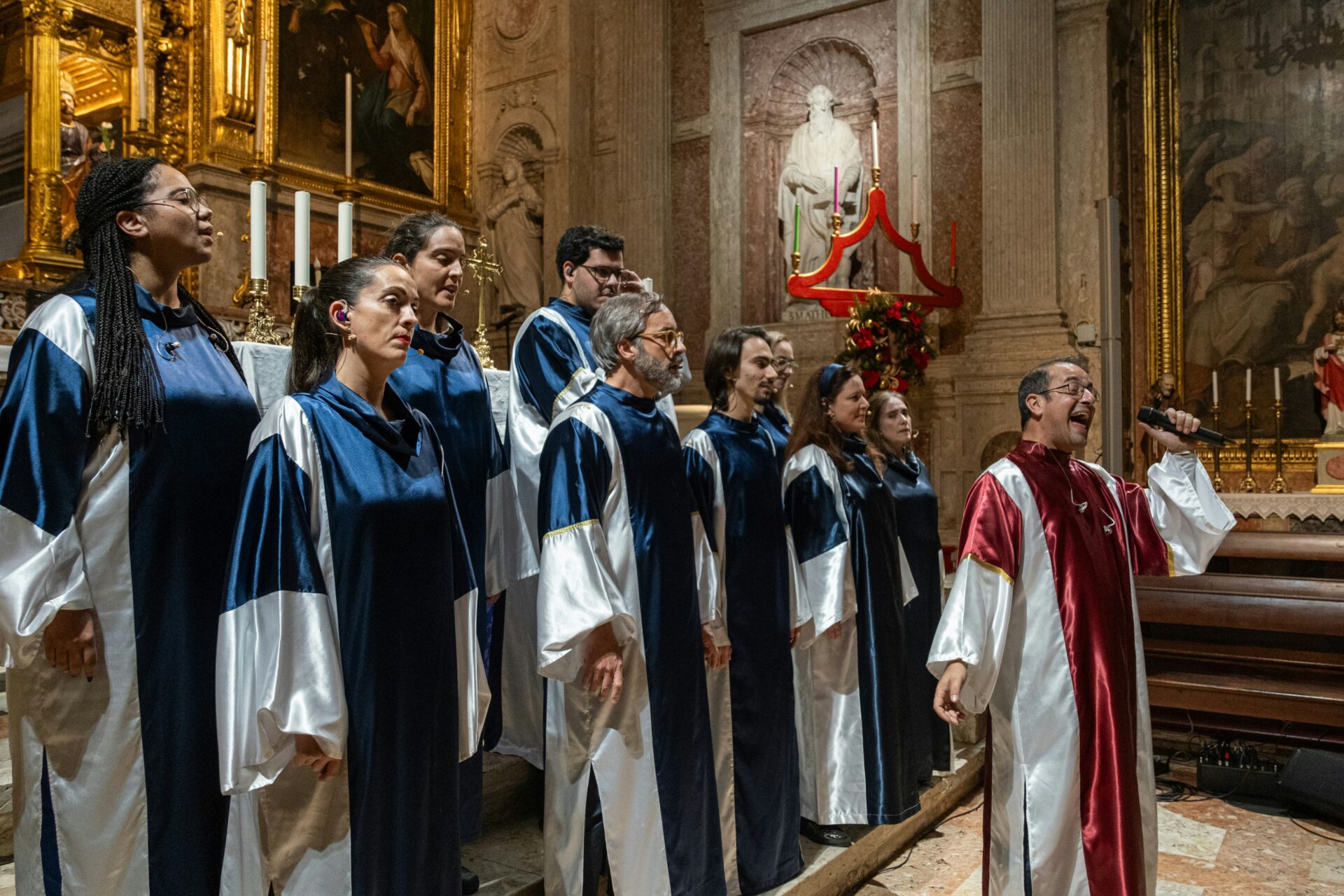 Choir singing in formation inside a cathedral
