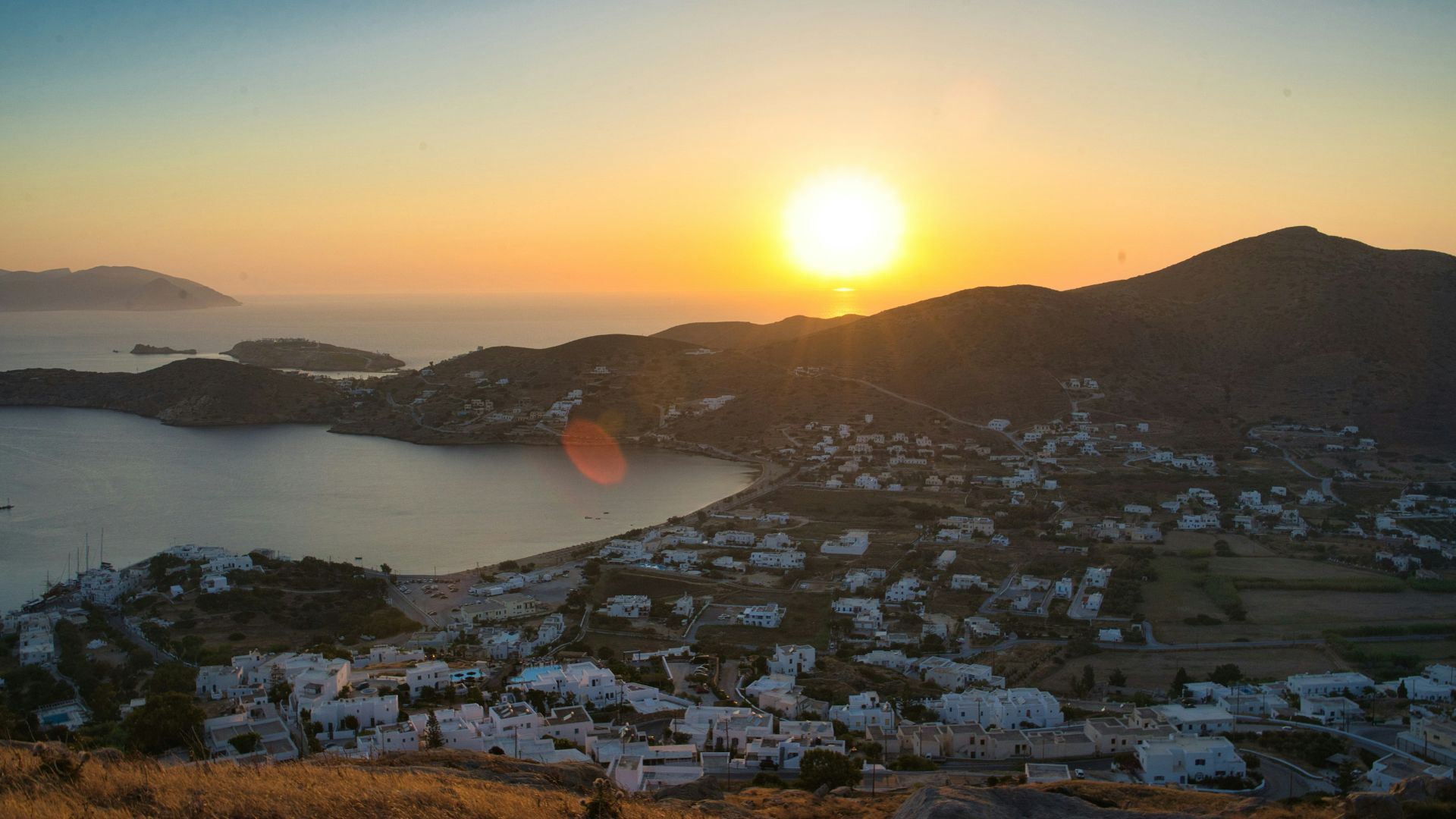 Sunset view of Chora, Ios, Greece.