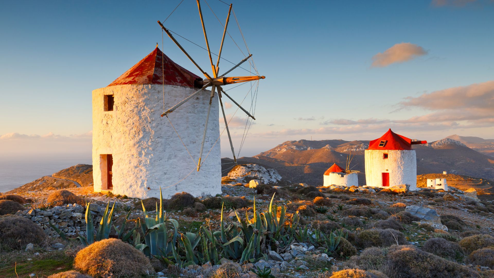 Windmills in Chora, Amorgos, Greece.