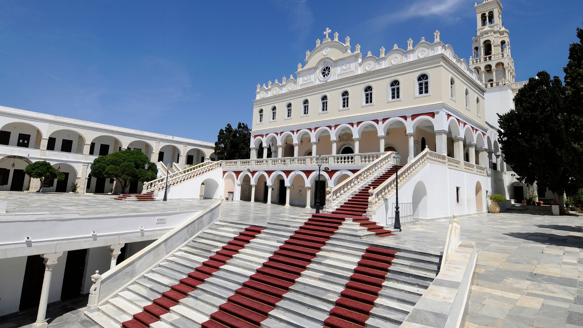 Exterior view of the Church of Panagia Evangelistria in Tinos, Greece.