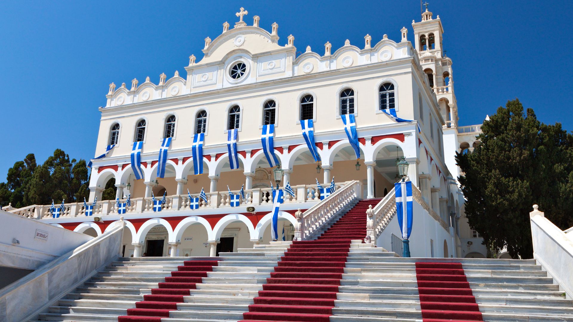 Exterior view of the Church of Panagia Evangelistria in Tinos, Greece.