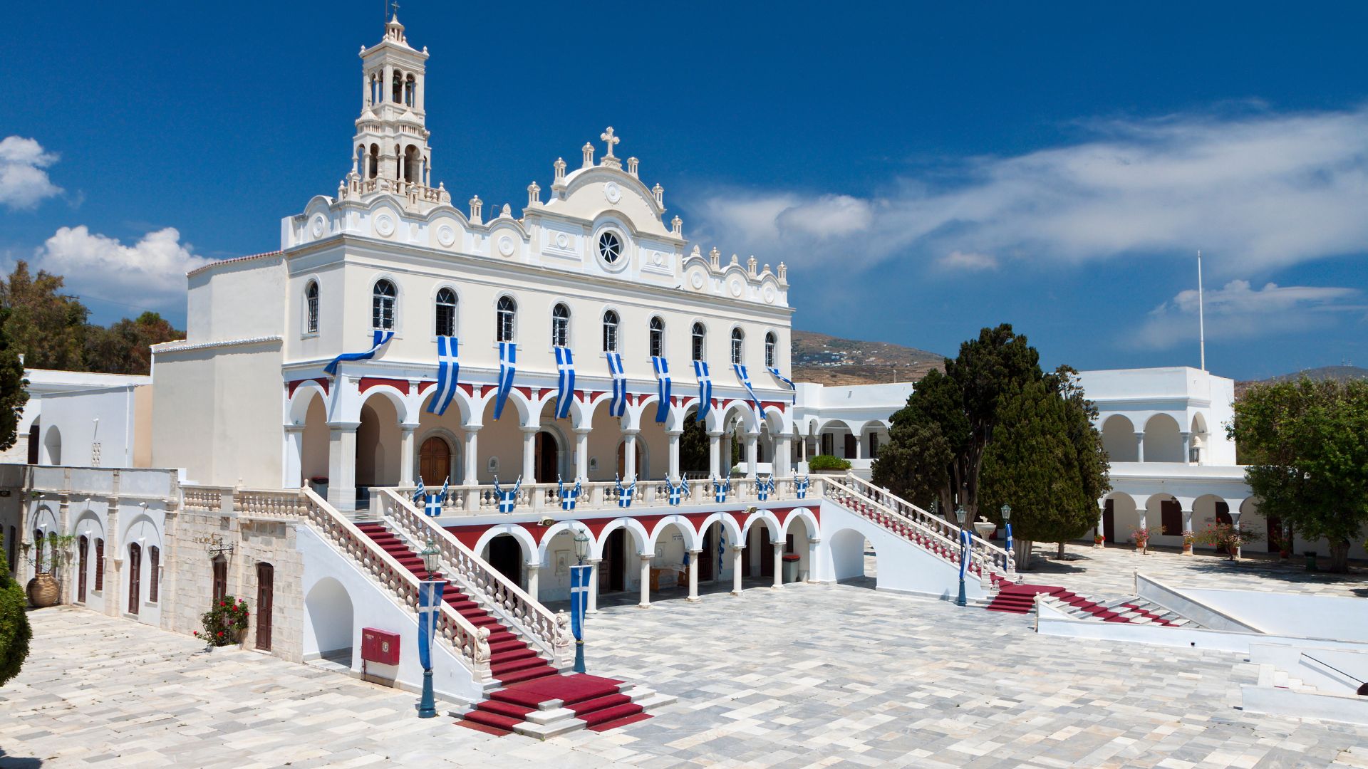 Exterior view of the Church of Panagia Evangelistria in Tinos, Greece.