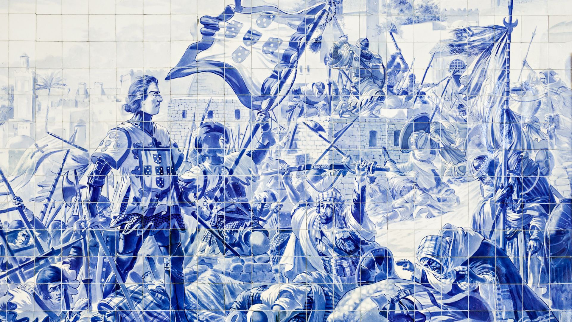 A mural of blue and white tiles depicting the Portuguese conquest of Ceuta, showing soldiers and ships in a historical battle scene.