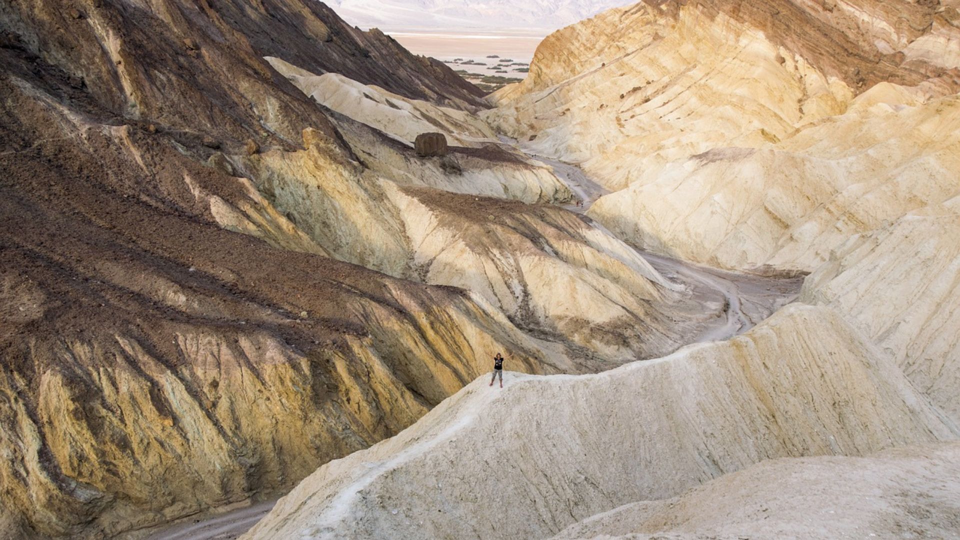A lone person stands on a narrow ridge overlooking a vast, colorful desert landscape of eroded hills and valleys with a distant flat basin under a clear sky.