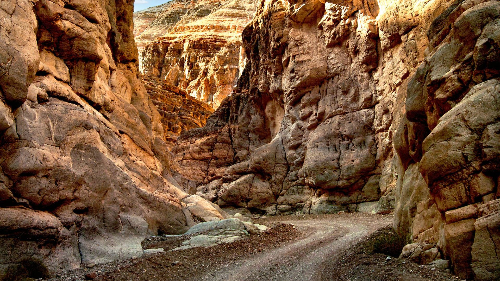 A dirt road winds through a narrow, towering canyon with steep, textured rock walls in shades of brown and orange, under a bright sky, likely within Death Valley National Park.