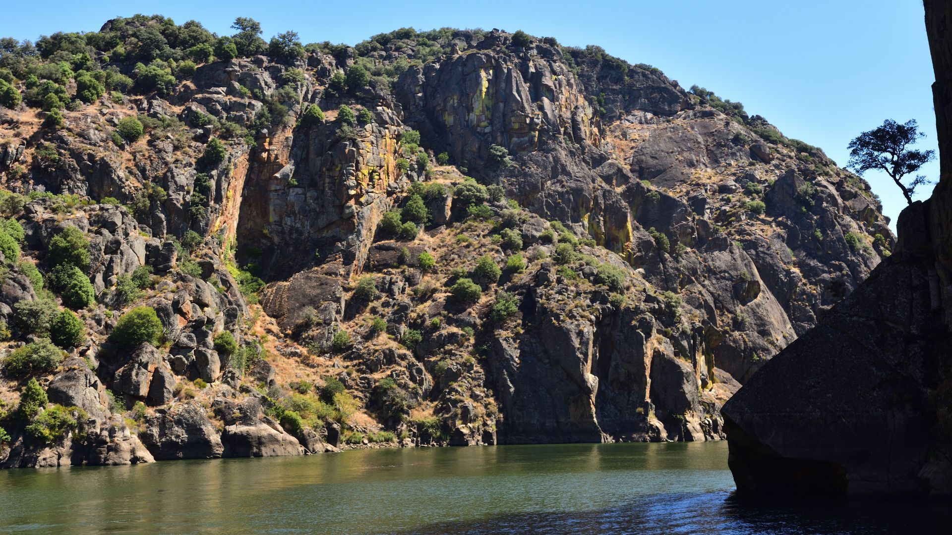 A wide shot of a river winding through a deep, rocky gorge with steep, tree-covered cliffs under a clear blue sky.