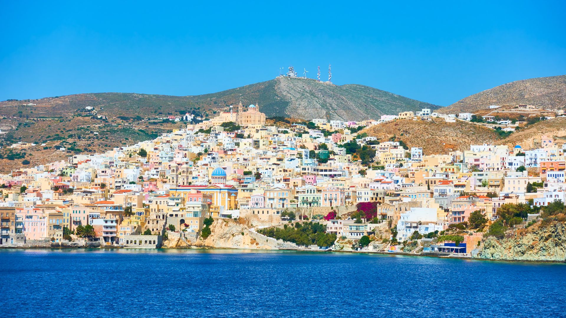 Ermoupoli, the capital of Syros Island, Greece, with its colorful buildings and stunning architecture.