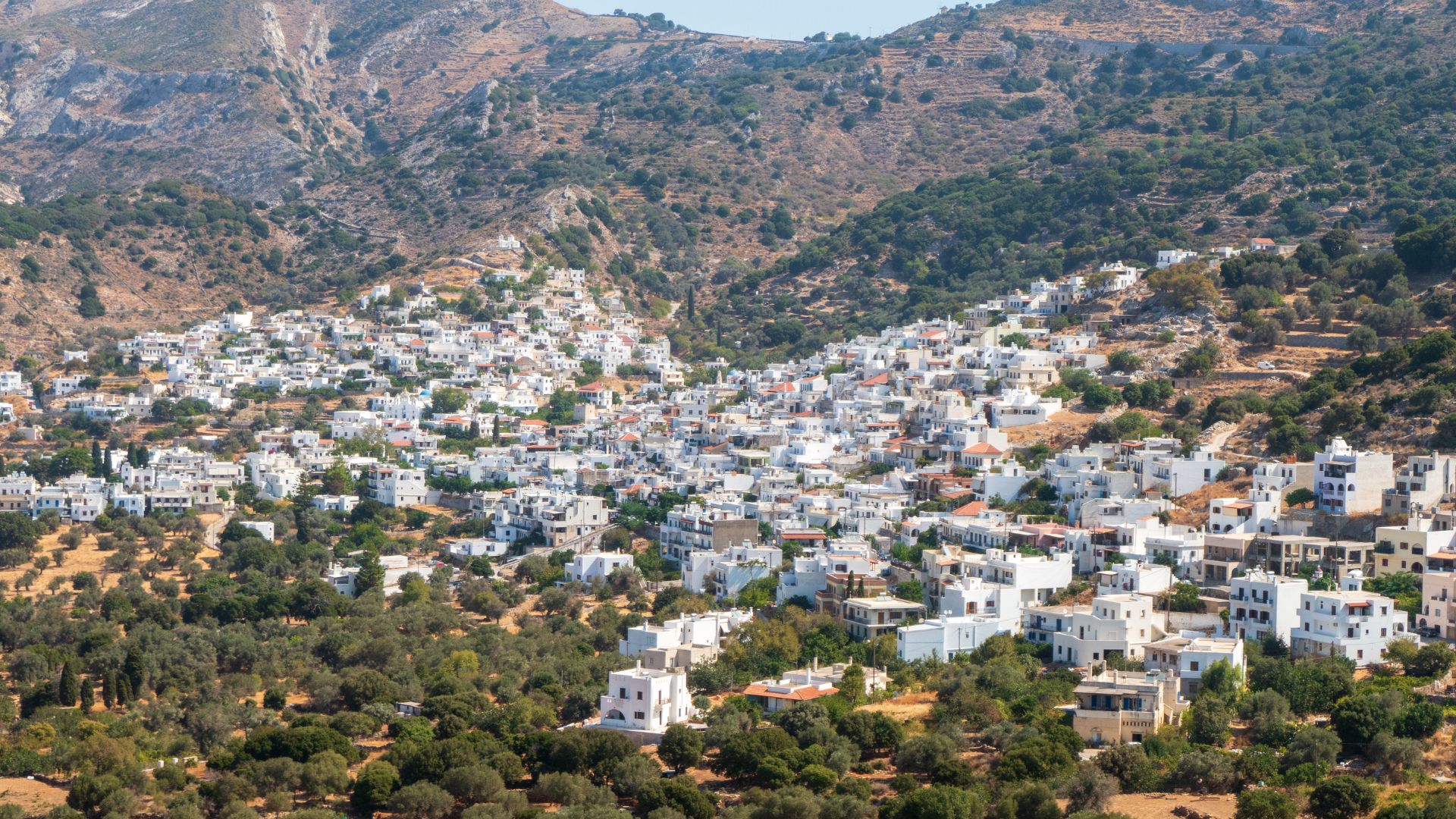 A hillside village with white buildings nestled among trees and hills in Greece.