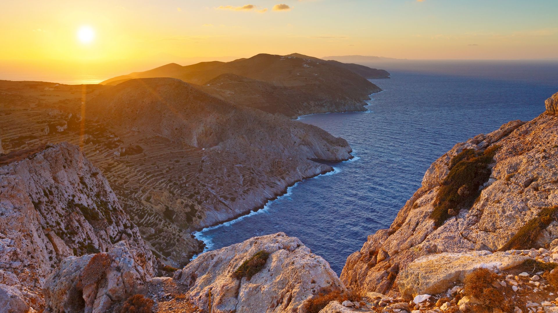 Sunset view of the Aegean Sea from Folegandros, Greece.