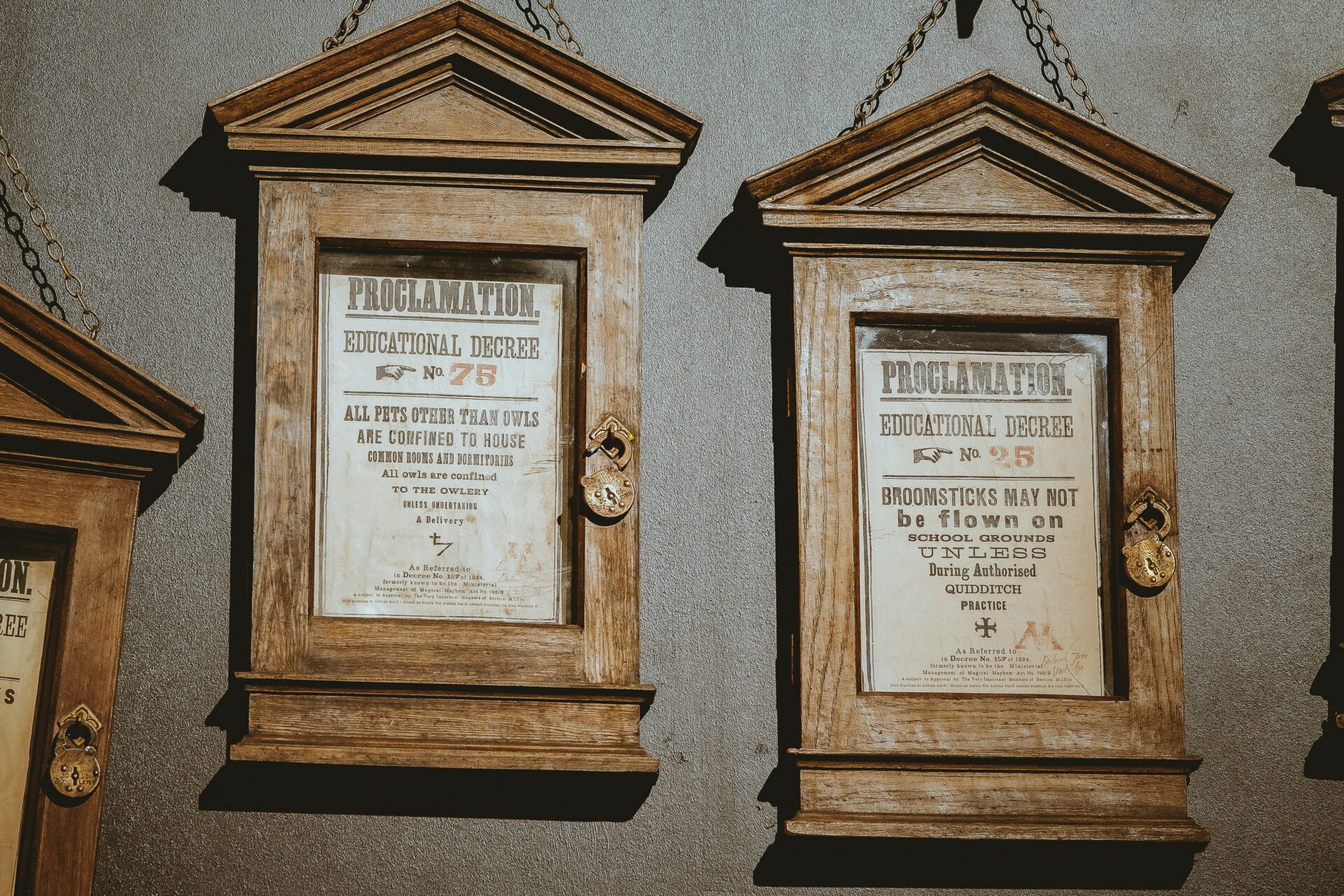 Framed proclamation displayed as part of a Harry Potter exhibit
