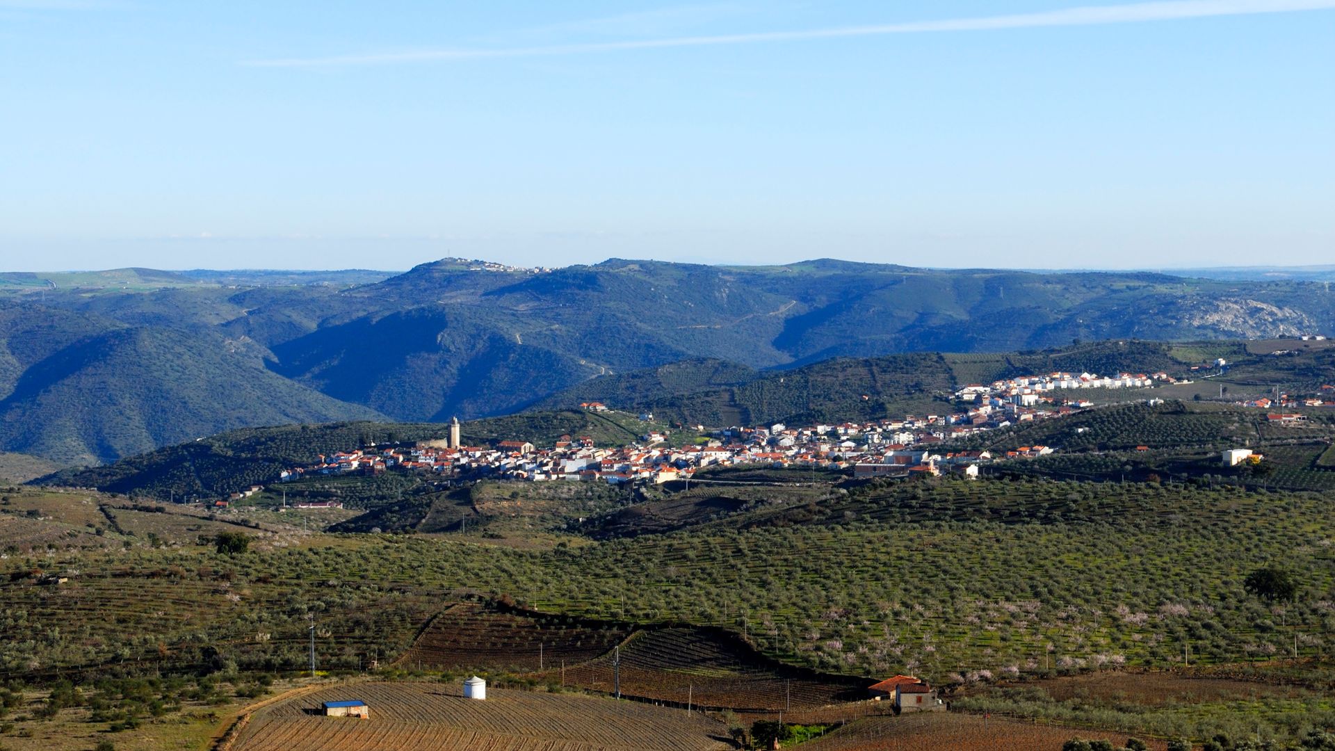 A panoramic view of Freixo de Espada à Cinta, a Portuguese town nestled in a valley surrounded by rolling, cultivated hills and distant mountains under a clear sky.