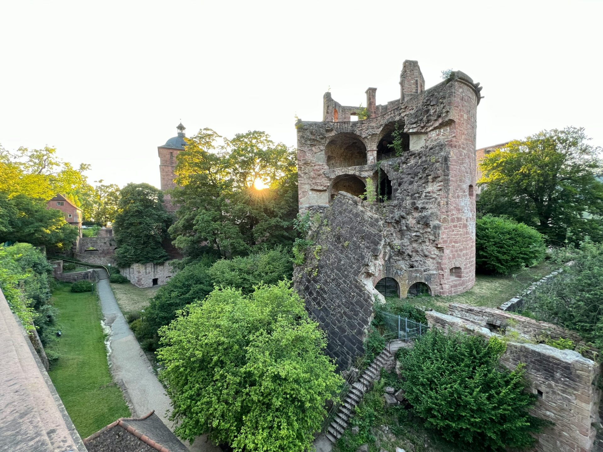 Sunrise casting warm golden light over Heidelberg Castle perched on the hillside.