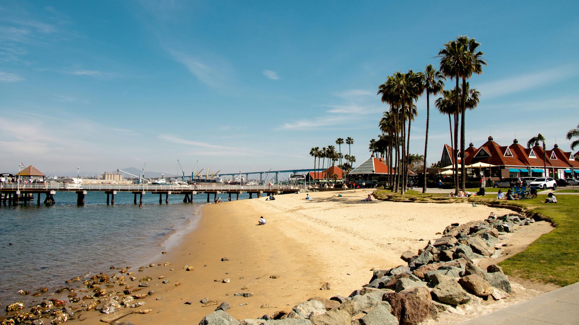 A sunny beach scene with golden sand, a pier extending into the calm bay waters, and the iconic Hotel del Coronado visible on the right, all under a clear blue sky.