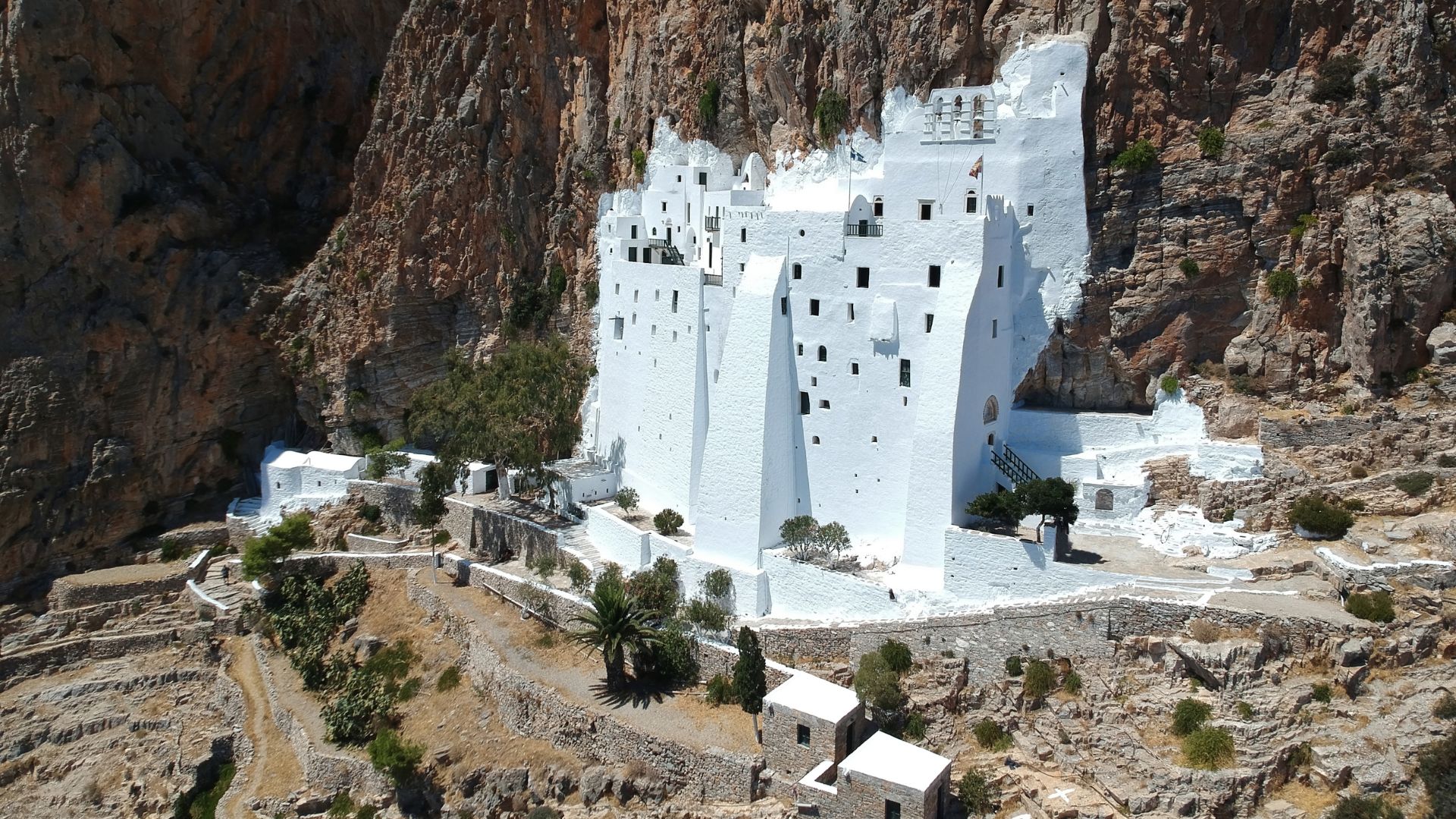 Panagia Hozoviotissa Monastery built into a cliffside in Amorgos, Greece.