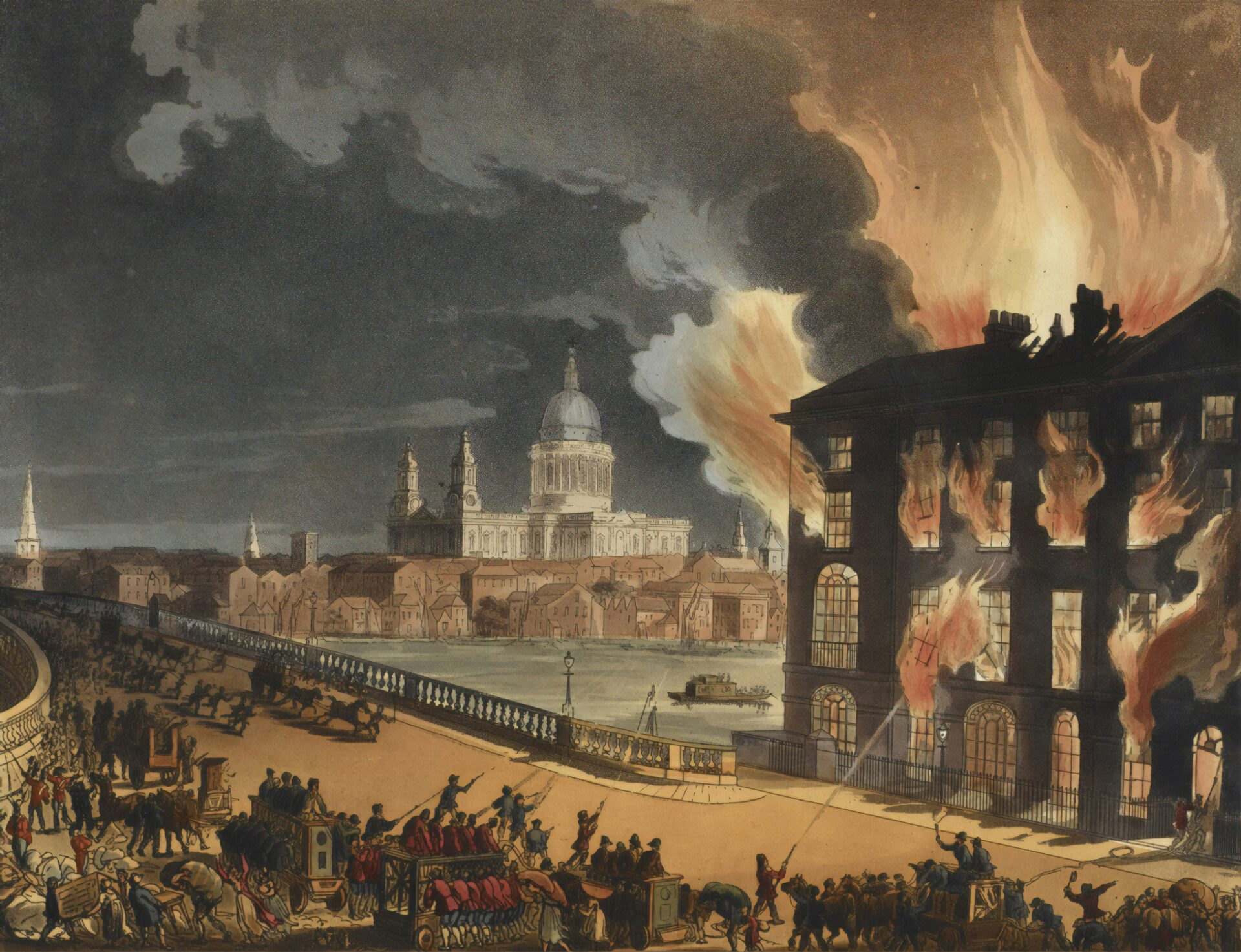 Illustration of Fire in London . Circa 1812