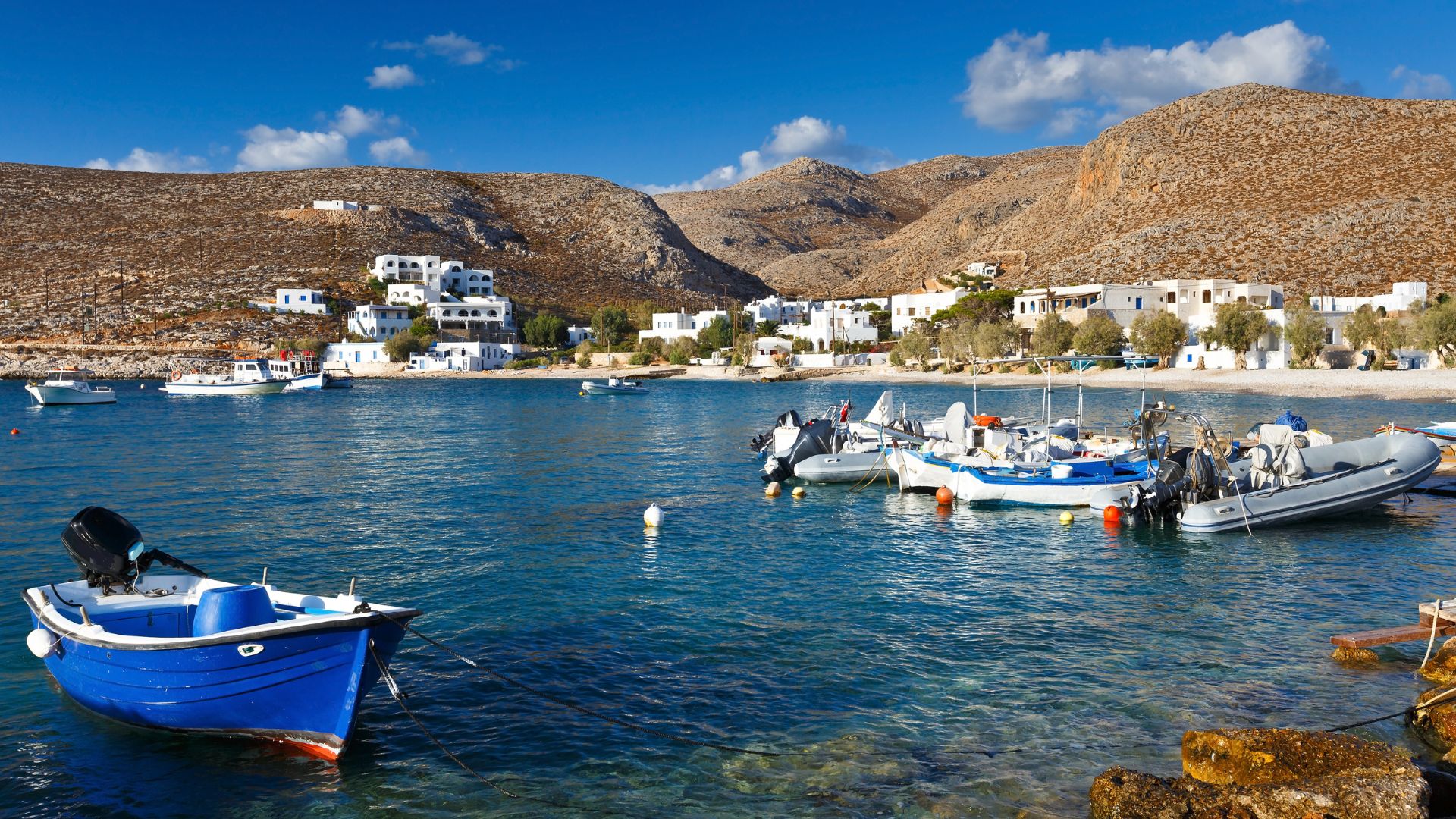 Boats in the harbor of Karavostasis, Folegandros, Greece.