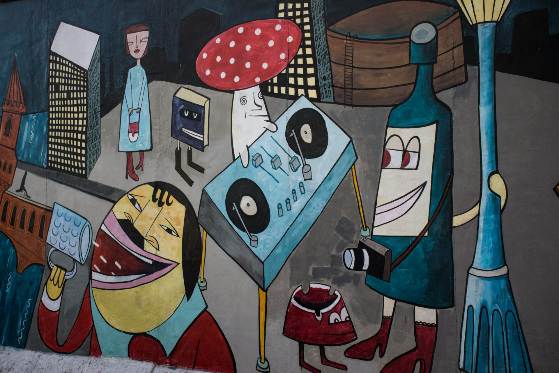 Colorful street art mural on a building wall in Kreuzberg