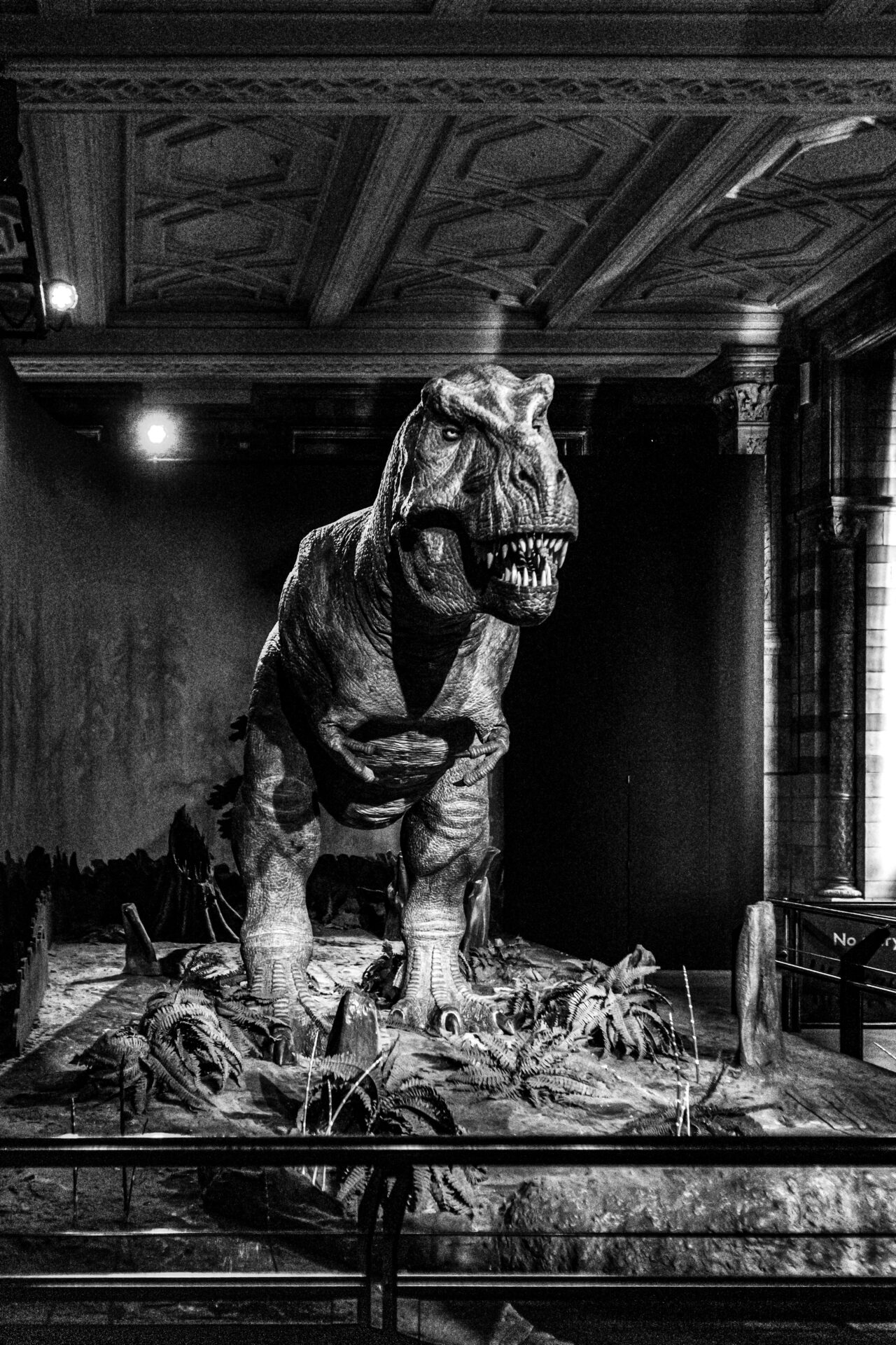 Lifelike dinosaur model on display at the Natural History Museum