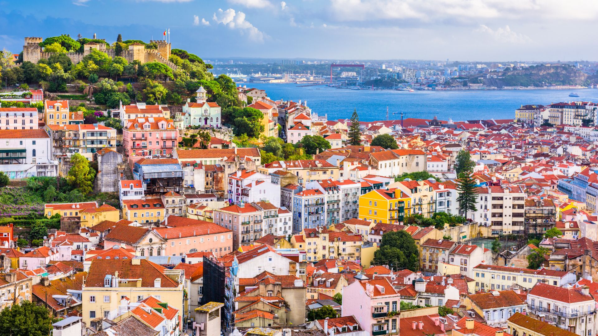 Panoramic view of Lisbon, Portugal, showcasing its colorful buildings, red rooftops, and the Tagus River, a popular European destination for culture and history.