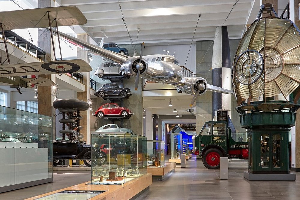 Historic cars and airplanes displayed at the Science Museum, London