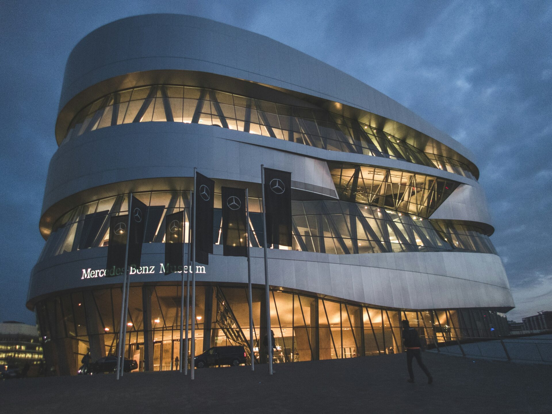 Exterior view of the futuristic Mercedes-Benz Museum