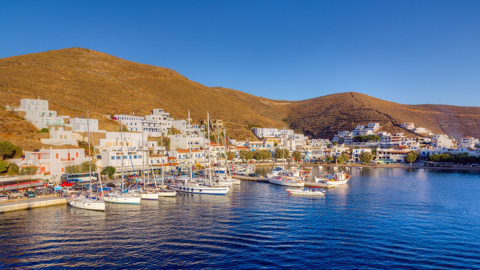 Merichas Port, Kythnos, Greece - picturesque harbor with boats and whitewashed buildings