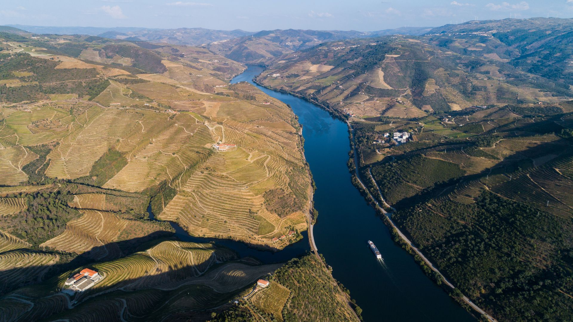Aerial view of the Douro River and surrounding terraced vineyards from the Miradouro de São Leonardo de Galafura, a scenic viewpoint in the Douro Valley, Portugal. A cruise ship is visible on the river.