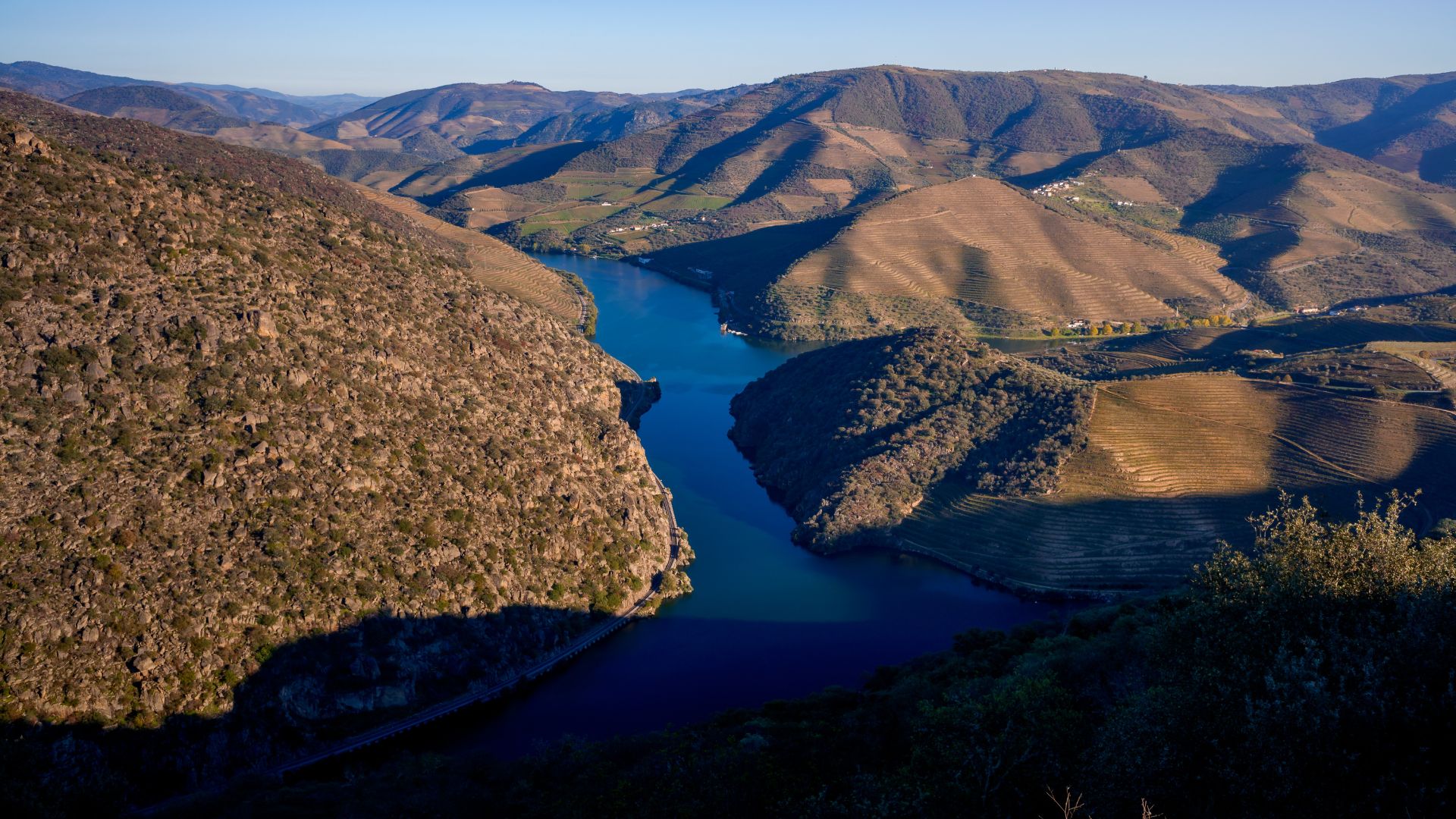 Panoramic view of the Douro River winding through the terraced hills of the Douro Valley, Portugal, as seen from the Miradouro de São Salvador do Mundo viewpoint. The rugged landscape contrasts with the vineyards, olive groves, and orchards, providing a breathtaking scene of the region.