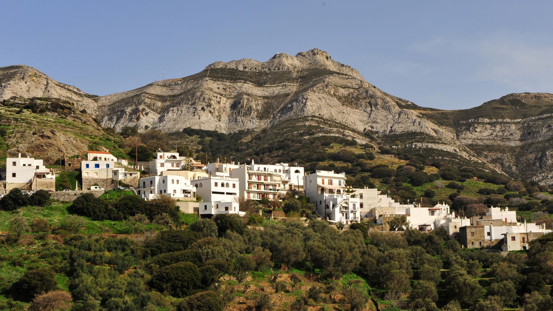 Scenic view of white buildings, greenery, and  mountain backdrop at Moni Village in Naxos, Greece.