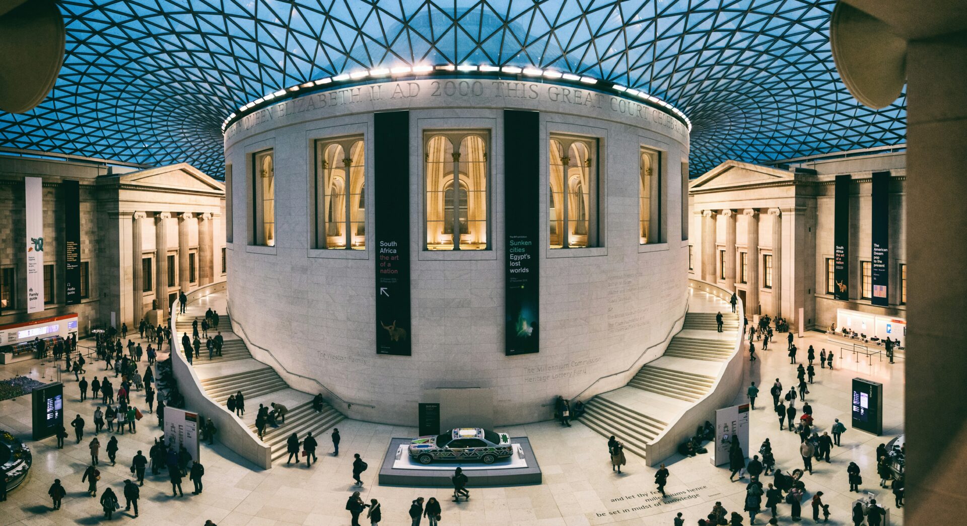 Museum-goers moving on the steps inside the British Museum’s central hall