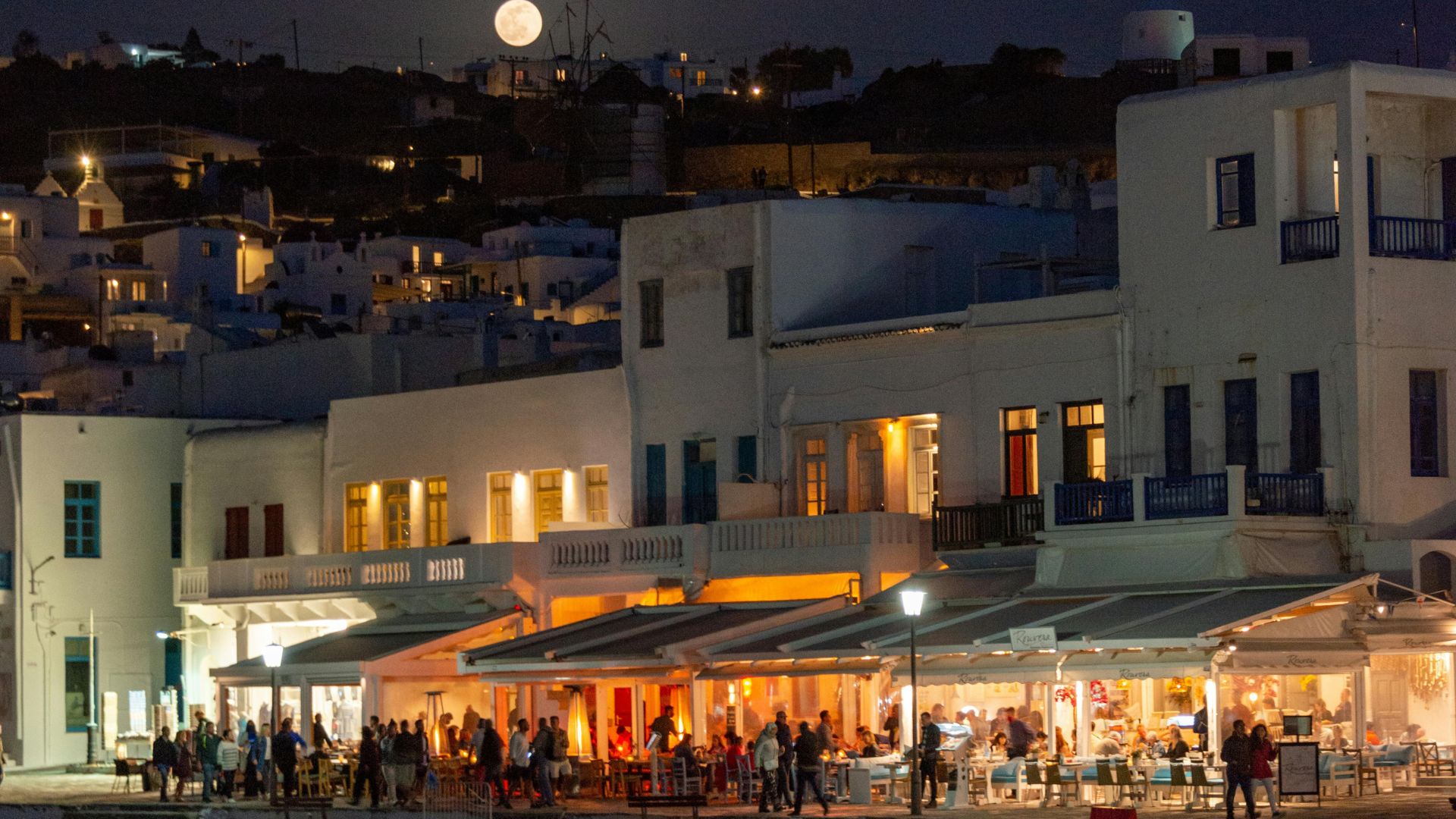Shops at night at Mykonos, Greece.