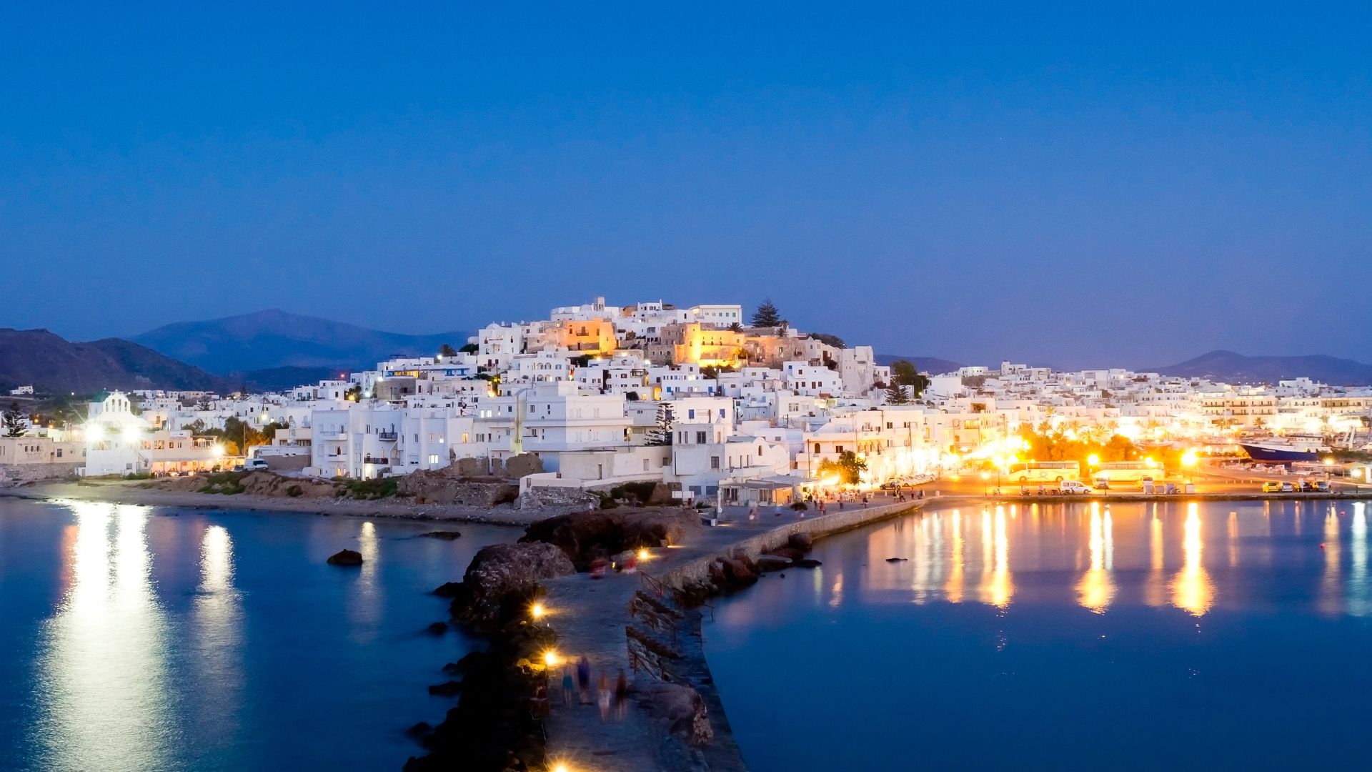 Chora, the main town of Naxos, Greece, at dusk.