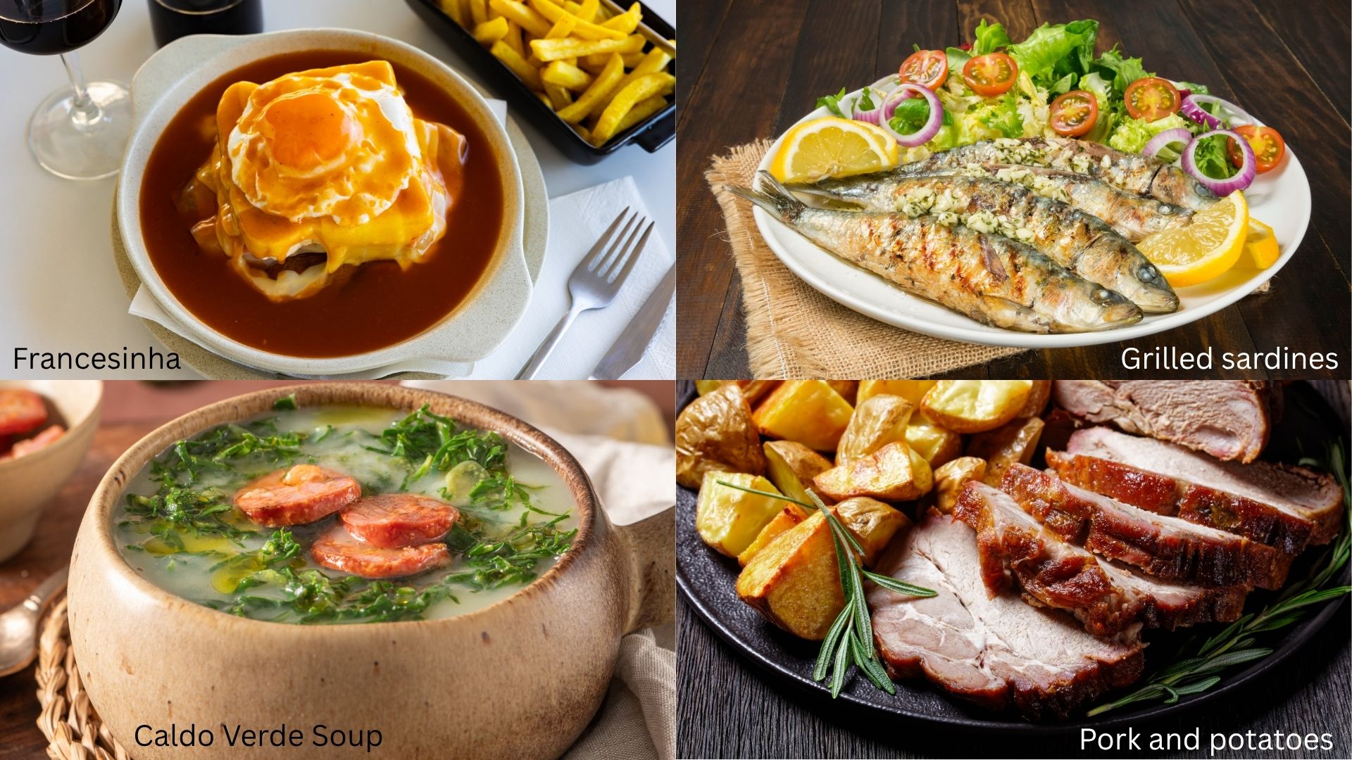 Collage of Francesinha (meat sandwich), grilled sardines, caldo verde soup, pork and potatoes.