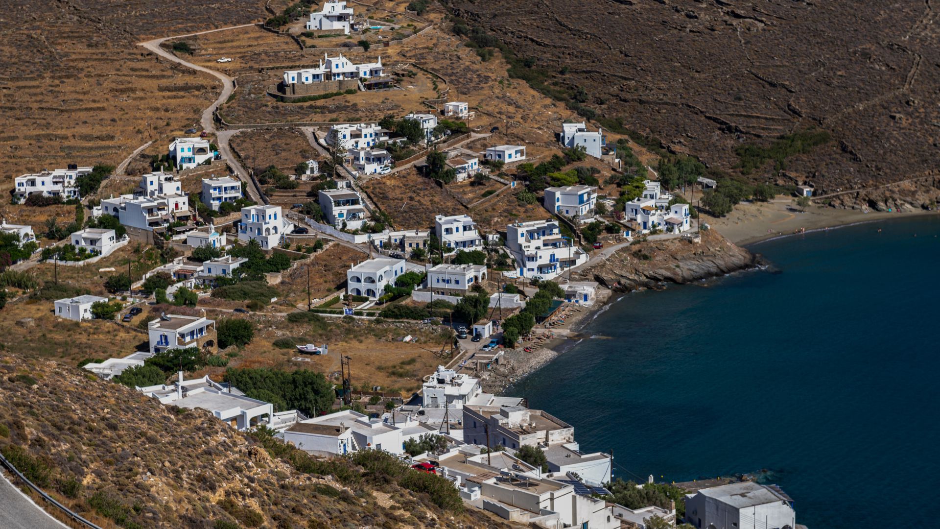 Coastal village of Ormos Ysternia in Tinos, Greece.