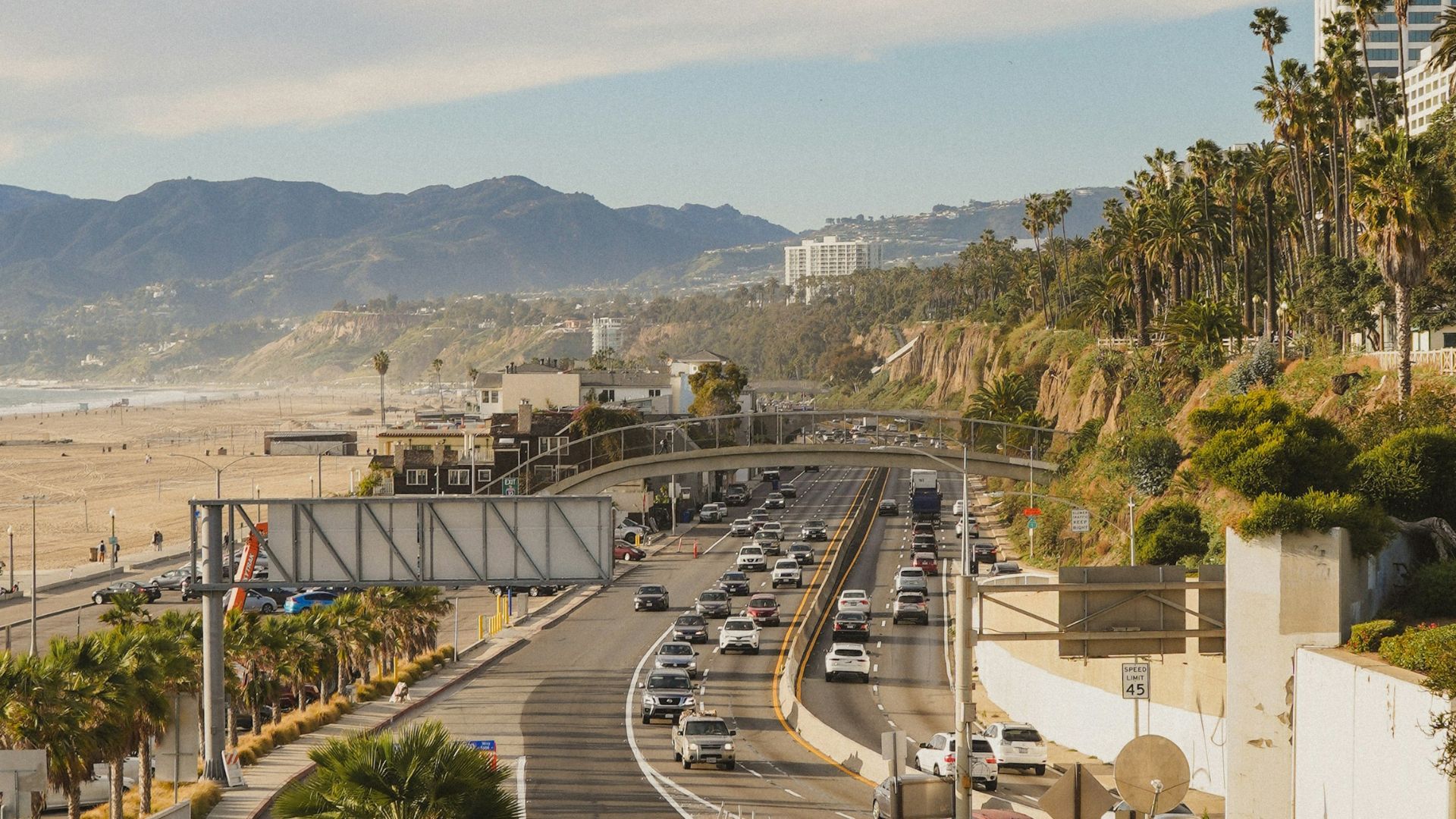 Aerial view of Pacific Coast Highway (PCH) in Santa Monica, California.
