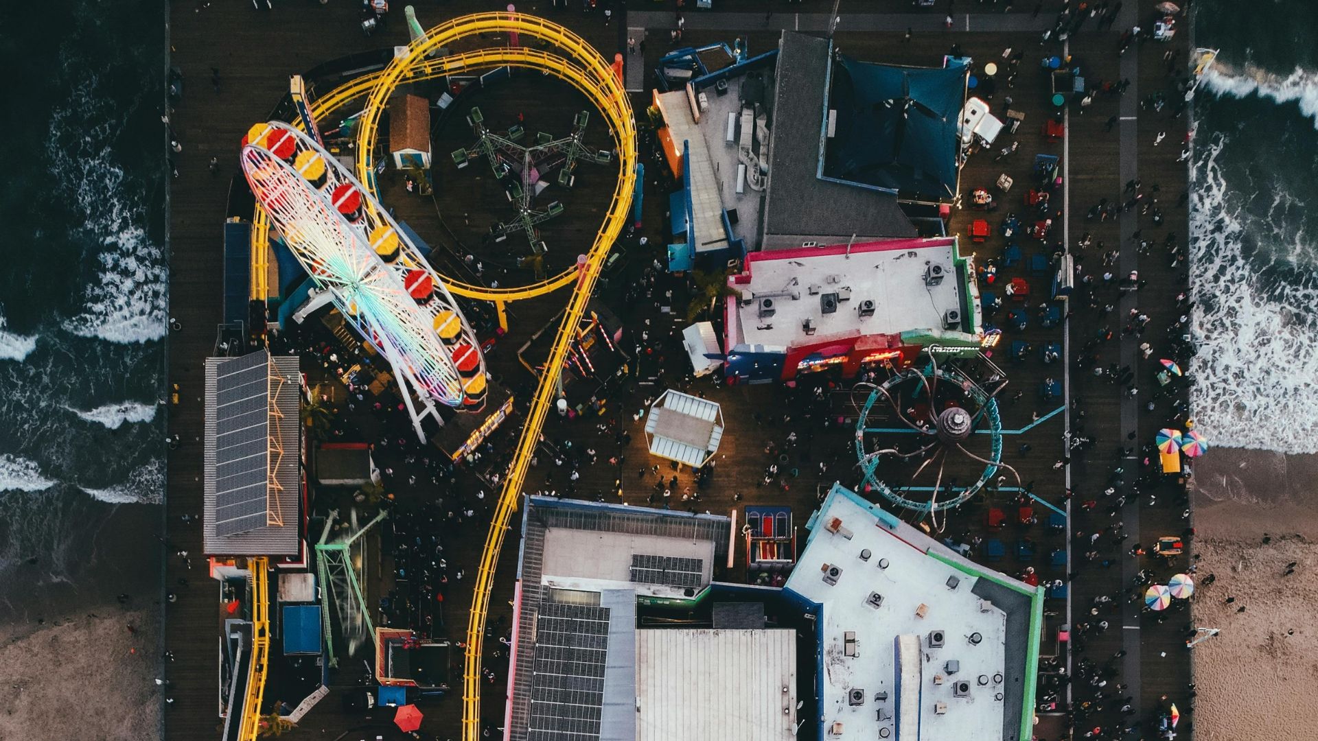 Drone shot of Pacific Park on Santa Monica Pier in Santa Monica, California