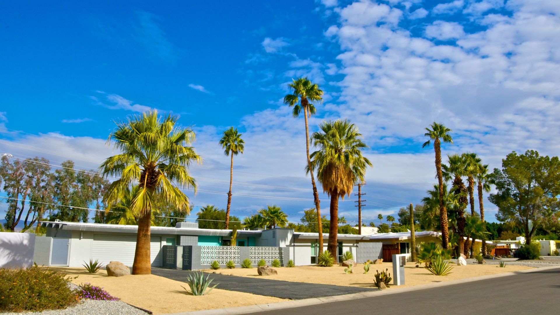 A bright, sunny daytime view of a mid-century modern house with a flat roof and white exterior, surrounded by palm trees and desert landscaping, including sand, rocks, and low-lying desert plants, under a clear blue sky with scattered clouds. A paved driveway leads to the house, and a street is visible in the foreground.