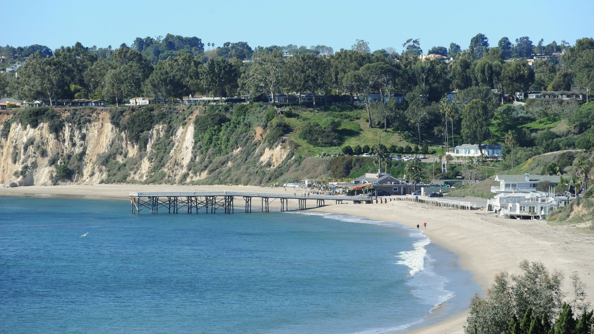 Paradise Cove Beach in Malibu, California, featuring a long wooden pier extending into the blue ocean, a sandy beach, and a backdrop of green cliffs and beachfront homes under a clear sky