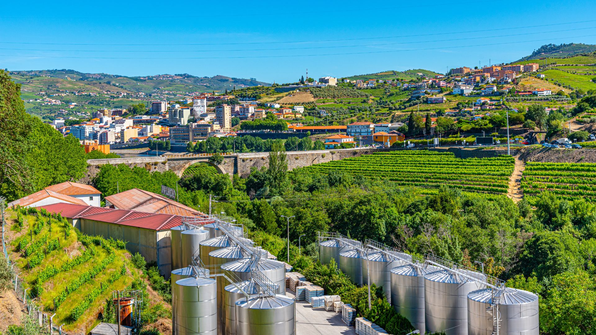 A panoramic view of the Alto Douro Wine Region in Portugal, featuring terraced vineyards, large wine storage tanks, and a town with a bridge in the background under a clear sky.