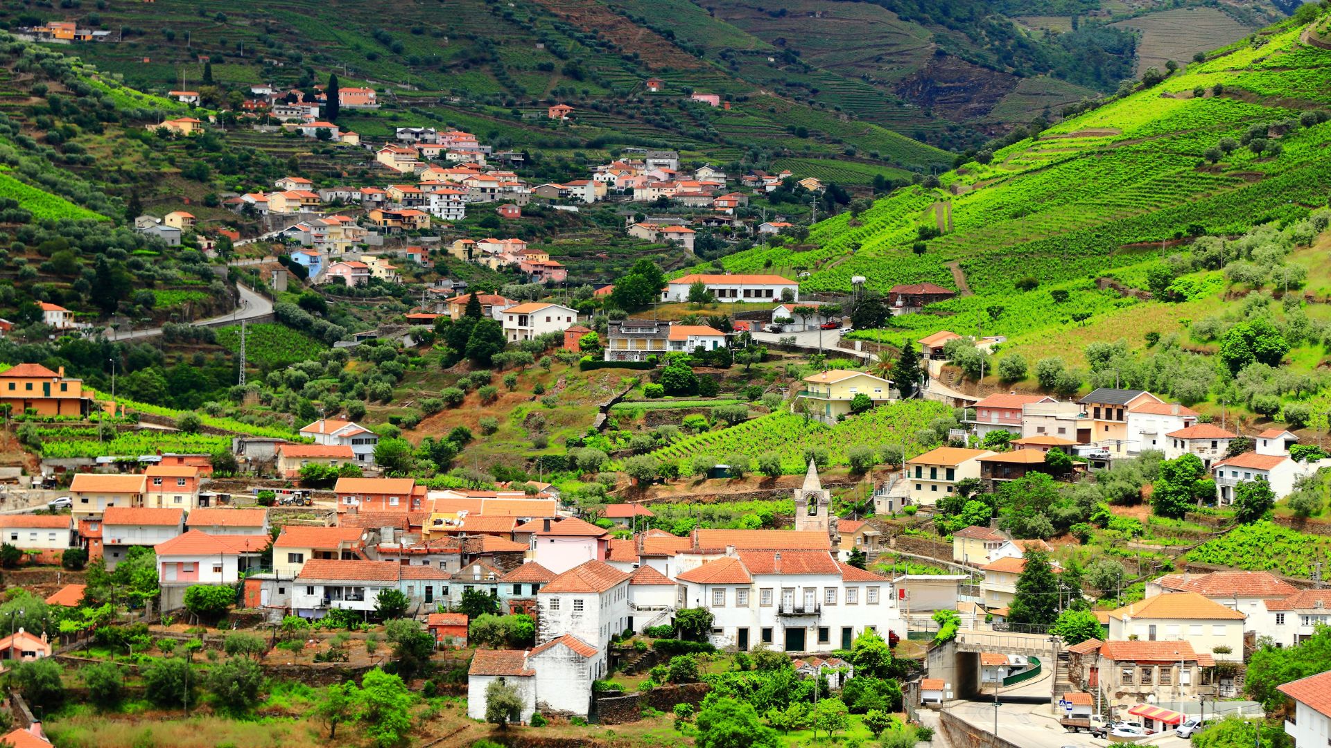 A scenic view of Peso da Régua, a town nestled in the hills of Portugal's Douro Valley. The image showcases the town's terracotta-roofed houses, winding roads, and terraced vineyards, all set against a backdrop of lush green hills.