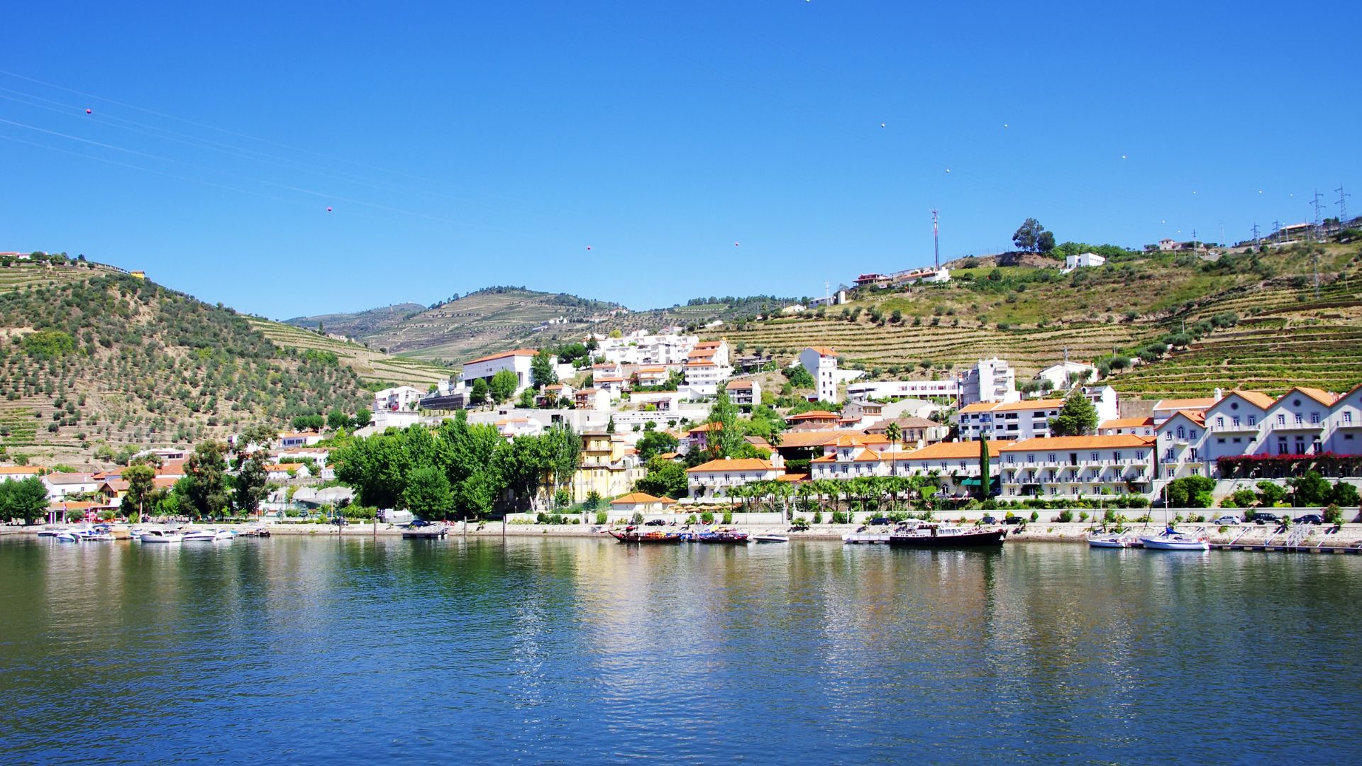 A panoramic view of the Douro River with the village of Pinhão nestled on its banks, surrounded by terraced vineyards on the hillsides under a clear blue sky.