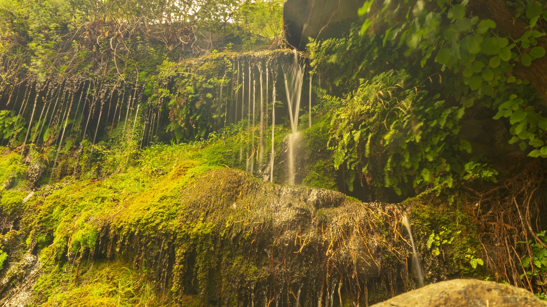 Pithara Waterfall in Andros, Greece, with water cascading over rocks and through lush vegetation.