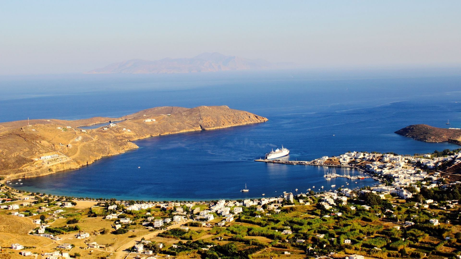 Panoramic view of Livadi village and the port of Serifos, Greece.