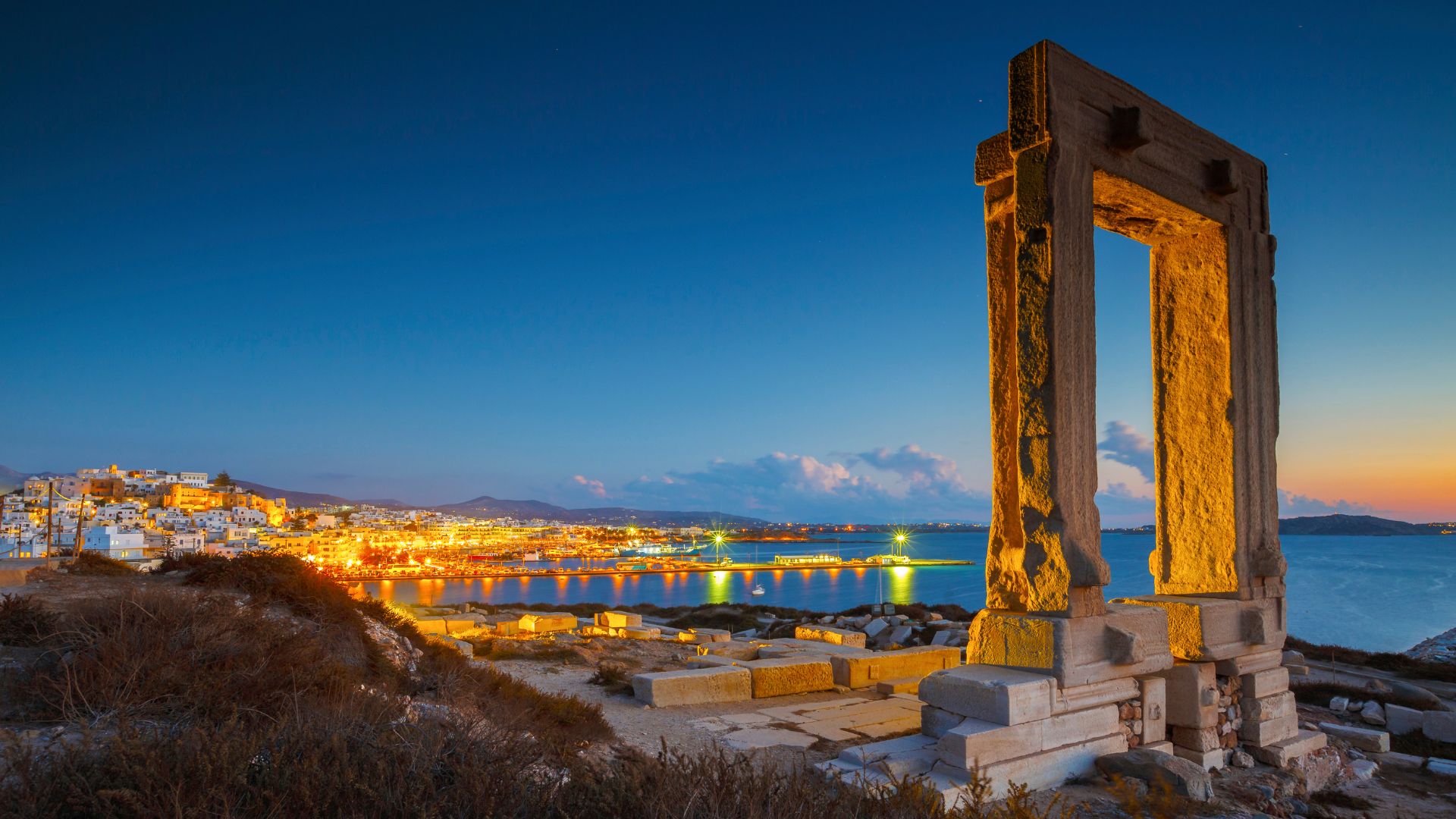 The massive marble gate of the Temple of Apollo on the islet of Palatia in Naxos, Greece.