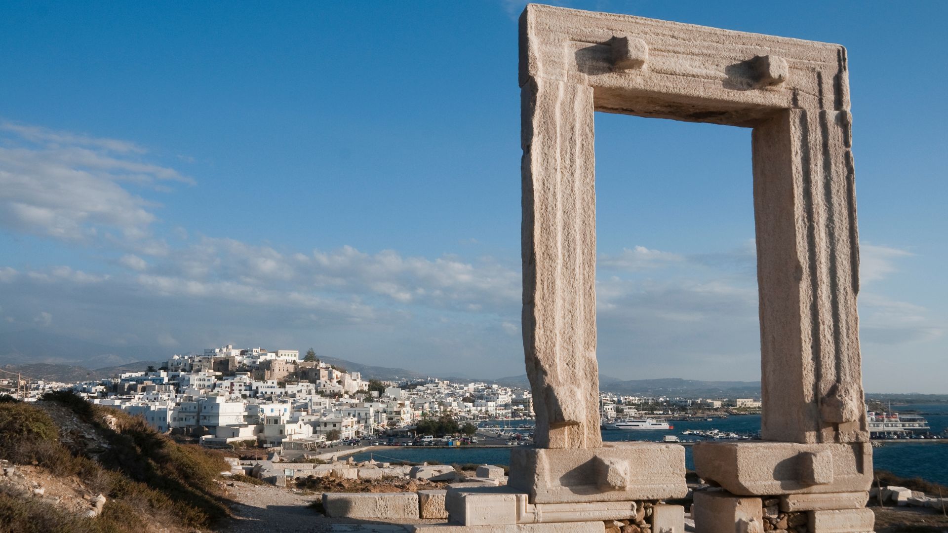 The massive marble gate of the Temple of Apollo on the islet of Palatia in Naxos, Greece.