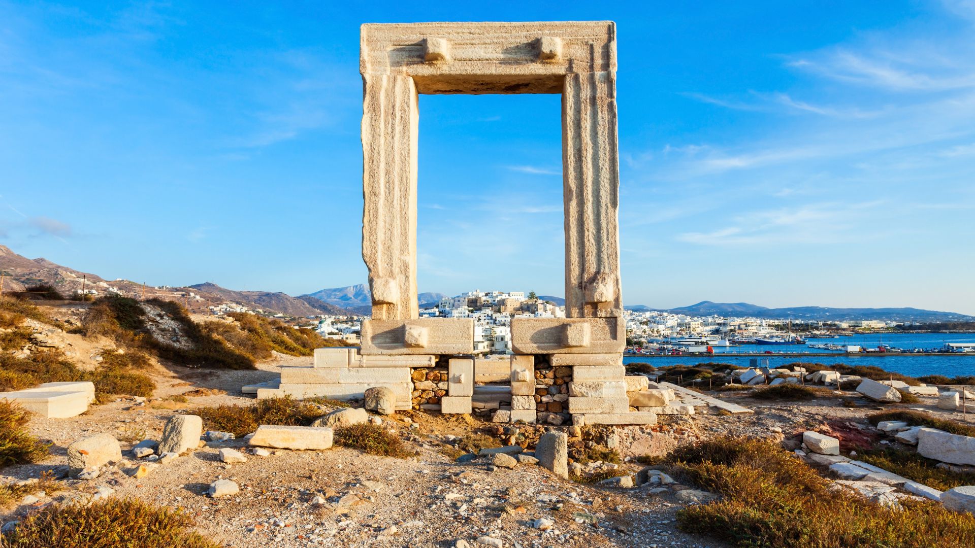 The massive marble gate of the Temple of Apollo on the islet of Palatia in Naxos, Greece.