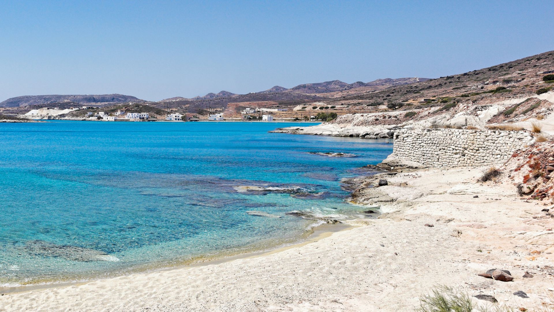 Prassa Beach Kimolos Greece, clear turquoise water, white sand beach, Cycladic island landscape