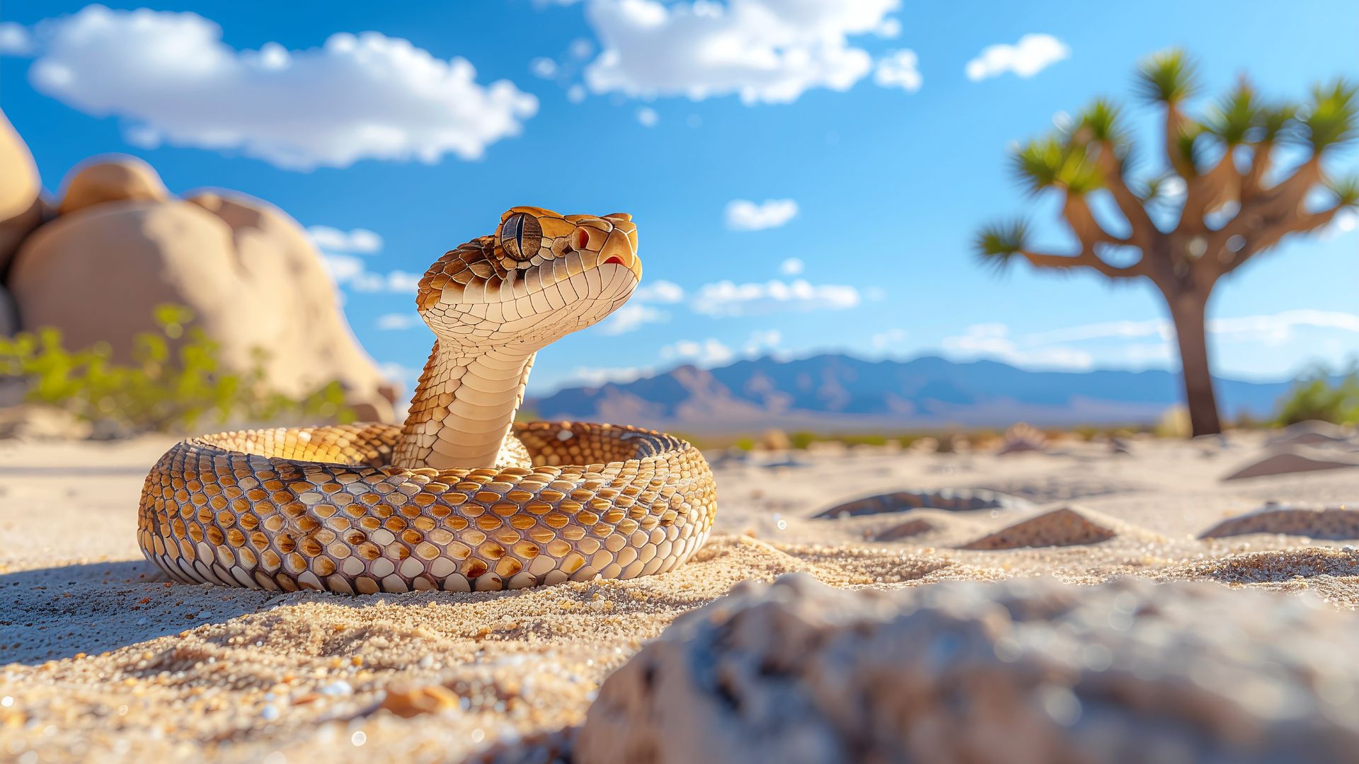 A sidewinder rattlesnake coiled in the sand of a desert landscape, with its head raised and facing forward, under a bright blue sky with scattered clouds and a Joshua tree in the background.