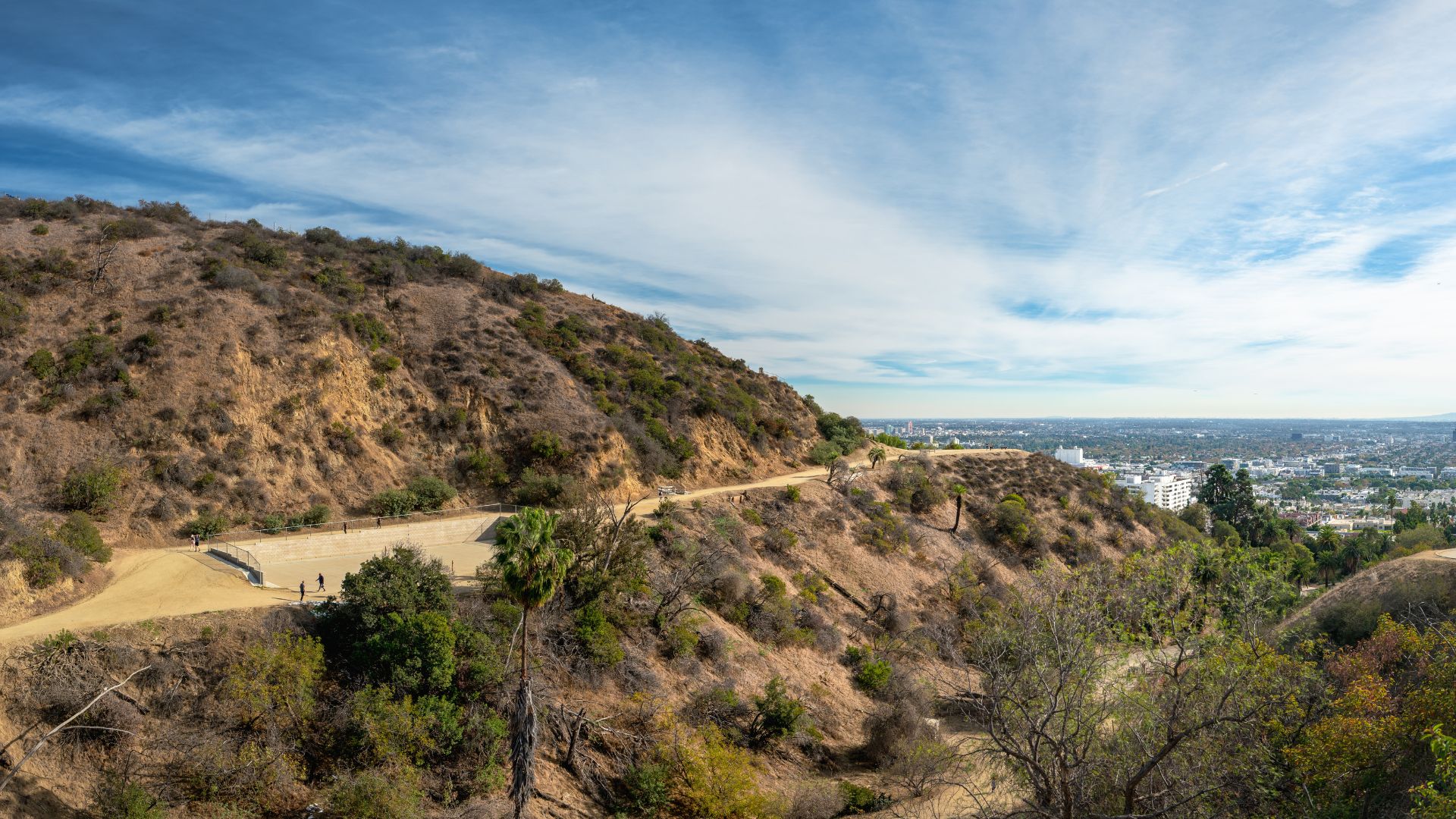Scenic view of Runyon Canyon Park in Los Angeles, California, featuring a hiking trail winding through the hills with panoramic views of the city skyline and the Pacific Ocean.